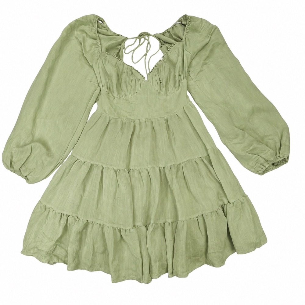 Princess Polly Womens Mini Dress Sage Green Open Back Tiered Boho Cottagecore 10